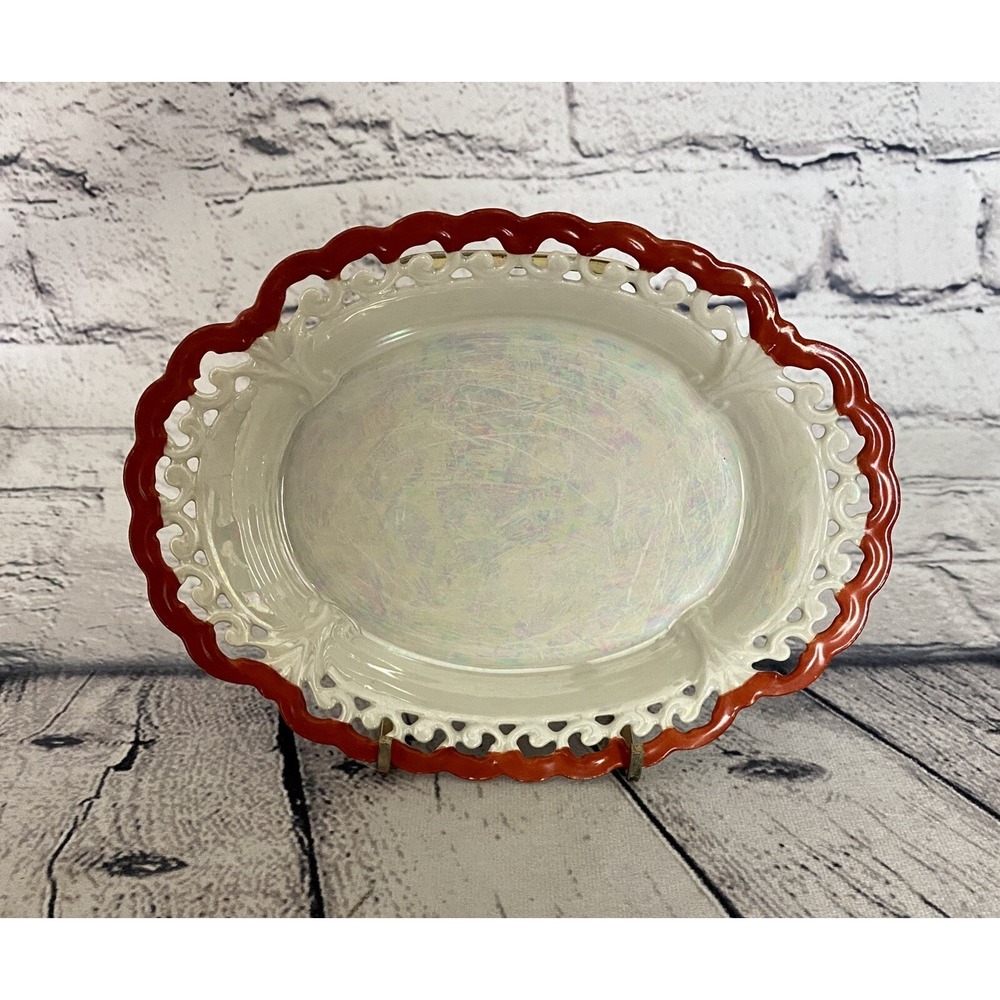 Vintage Schonwald PSAA Bavaria Trinket Dish Oval Red Trim Iridescent‎ 7"x5"